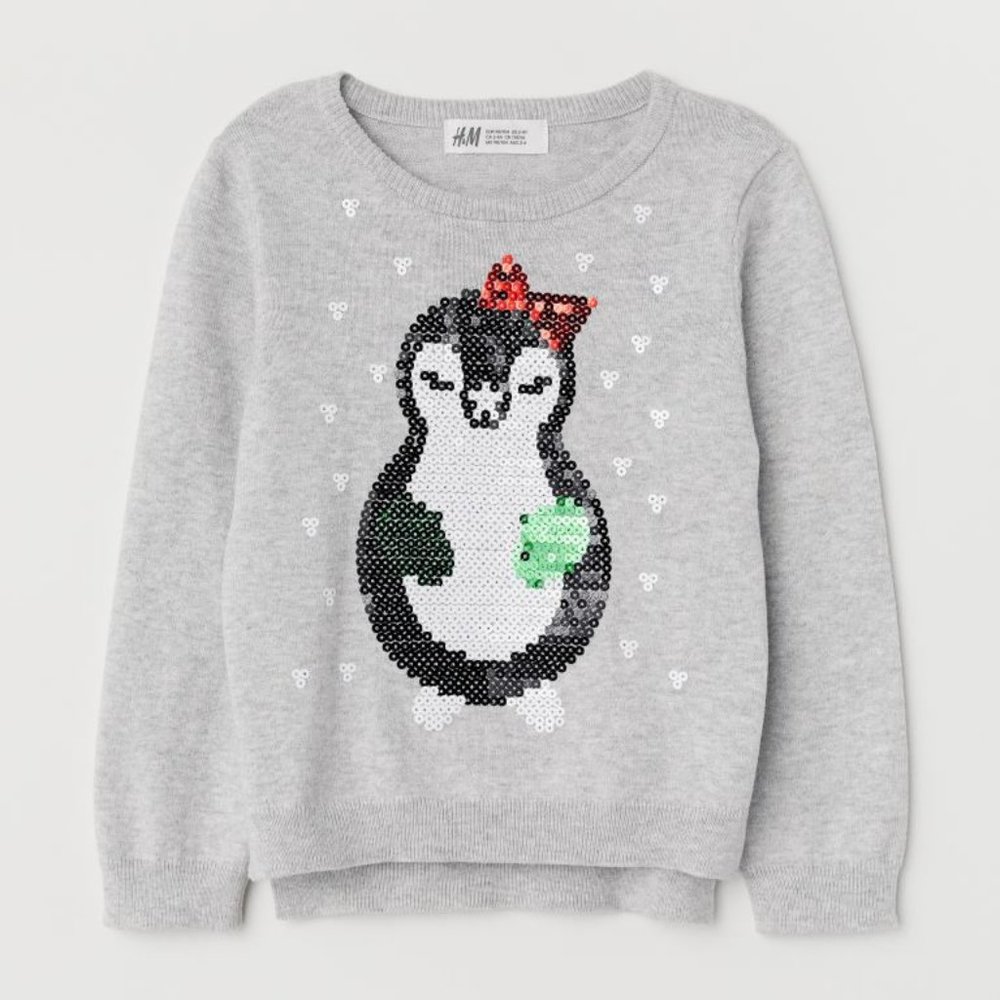 h&m girls Penguin Sequins Fine Holiday Christmas Knit Sweater 2-4 y